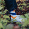 Orange and purple striped socks